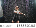 Contemporary woman dancer posing in rain water on black background. Female artist performer dancing with expression. Modern ballerina dancing in darkness. Passion dance in dark. Flexibility balance 138330108