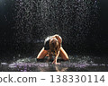 Contemporary woman dancer posing in rain water on black background. Female artist performer dancing with expression. Modern ballerina dancing in darkness. Passion dance in dark. Flexibility balance 138330114