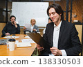 Portrait of team leader businessman in office, colleagues meeting in background. Confident business leader man sitting in office. Boss leader professional worker. Working process office life career 138330503