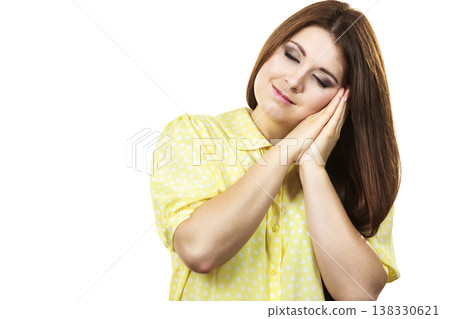 Sleepy calm woman gesturing Sleepy calm woman gesturing 138330621