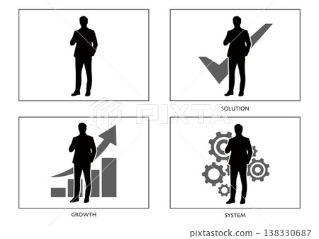 Silhouette of a thinking businessman; set of checkmarks, growth graphs, and gears; concept of strategy, analysis, and problem-solving. Silhouette of a thinking businessman; set of checkmarks, growth graphs, and gears; concept of strategy, analysis, and problem-solving. 138330687