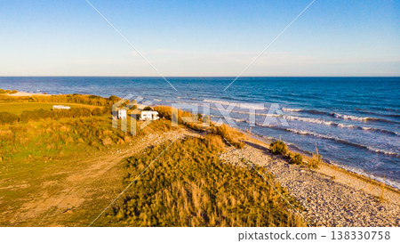 Caravan camping on coast. Aerial view Caravan camping on coast. Aerial view 138330758