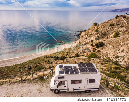 Rv camper on spanish coast. Aerial view 138330770
