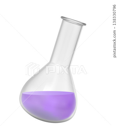 Tilted glass round flask with purple chemical, 3D realistic vector laboratory glassware equipment beaker with liquid Tilted glass round flask with purple chemical, 3D realistic vector laboratory glassware equipment beaker with liquid 138330796