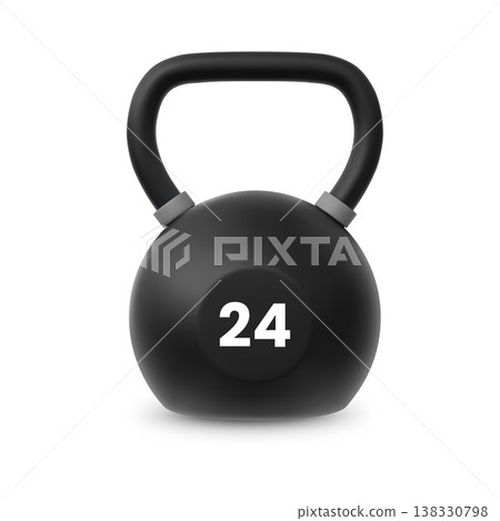 A black cast iron 24 kg kettlebell with a handle, equipment for strength training and CrossFit. A black cast iron 24 kg kettlebell with a handle, equipment for strength training and CrossFit. 138330798