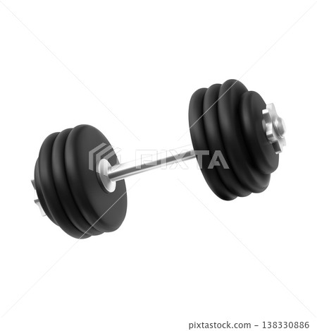 Realistic collapsible dumbbell with black plates of different sizes and a steel handle. 138330886