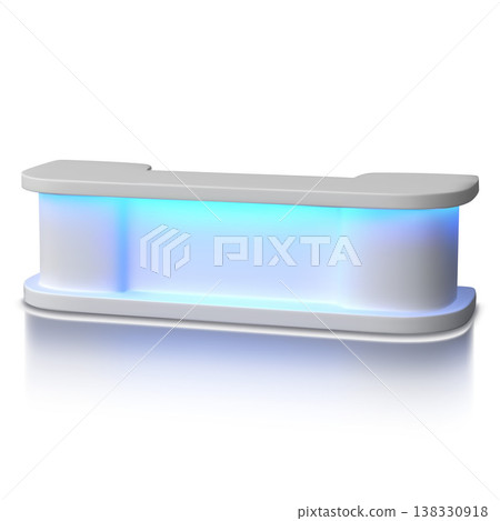 Service desk vector 3D mockup, promotional counter, presentation table reception curved furniture with led illumination Service desk vector 3D mockup, promotional counter, presentation table reception curved furniture with led illumination 138330918