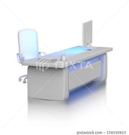 Service desk, office desktop, working place with computer and chair 3Dvector mockup, white table with led illumination 138330923