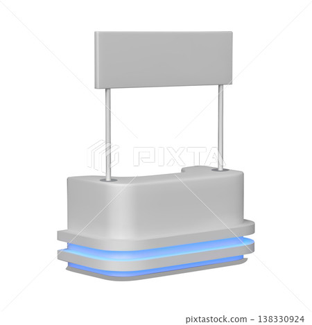 Advertising promo booth stand, service desk, presentation kiosk with signboard and led illumination vector 3D mockup 138330924