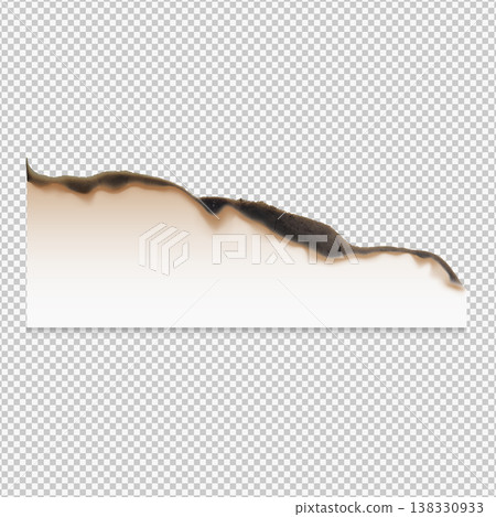 Piece of paper with a burnt edge, paper burnt with charred side, vector realistic cardboard sheet with black ash Piece of paper with a burnt edge, paper burnt with charred side, vector realistic cardboard sheet with black ash 138330933