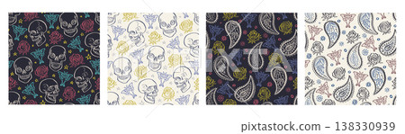 Halloween black and white seamless pattern set with hand drawn floral skulls with paisley Halloween black and white seamless pattern set with hand drawn floral skulls with paisley 138330939