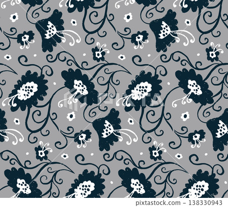 Monochrome seamless pattern with hand drawn abstract flowers vine. Artistic grunge brush strokes trailing floral design Monochrome seamless pattern with hand drawn abstract flowers vine. Artistic grunge brush strokes trailing floral design 138330943