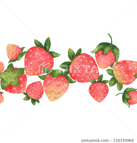 Seamless border with ripe strawberries. Berries in a childish cartoon style. Hand-drawn watercolor illustration isolated on a white background. Perfect for posters, cards, invitations, and packaging Seamless border with ripe strawberries. Berries in a childish cartoon style. Hand-drawn watercolor illustration isolated on a white background. Perfect for posters, cards, invitations, and packaging 138330968