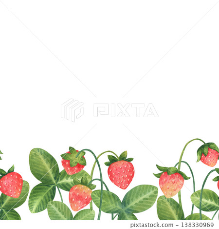 Seamless border with cute strawberry in a kids cartoon style. Hand-drawn watercolor illustration isolated on a white background. Perfect for posters, cards, invitations, packaging, textile, polygraph Seamless border with cute strawberry in a kids cartoon style. Hand-drawn watercolor illustration isolated on a white background. Perfect for posters, cards, invitations, packaging, textile, polygraph 138330969