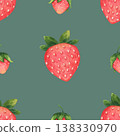 Simple seamless pattern of ripe, juicy strawberries. Wild or garden berries in a cartoon style. Hand-drawn watercolor illustration isolated on green background. Ideal for package, textile, polygraph 138330970