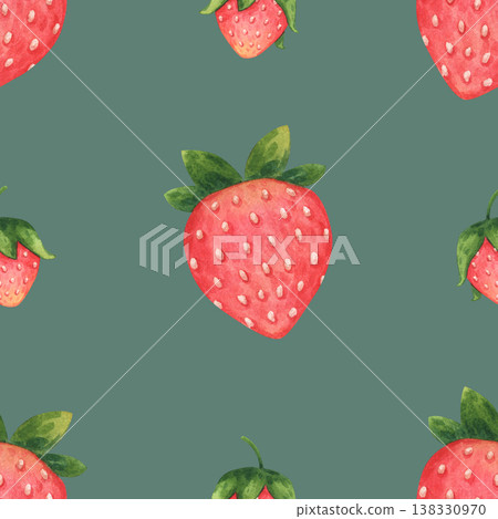 Simple seamless pattern of ripe, juicy strawberries. Wild or garden berries in a cartoon style. Hand-drawn watercolor illustration isolated on green background. Ideal for package, textile, polygraph Simple seamless pattern of ripe, juicy strawberries. Wild or garden berries in a cartoon style. Hand-drawn watercolor illustration isolated on green background. Ideal for package, textile, polygraph 138330970