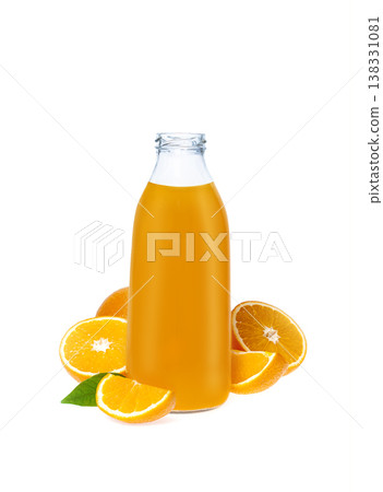 Glass bottle of orange juice with fresh oranges isolated on white 138331081