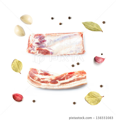 Raw bacon isolated on white background Raw bacon isolated on white background 138331083