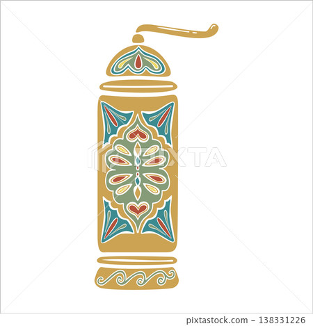 Turkish coffee grinder with traditional ornament. Hand drawn vector illustration isolated. For cookbooks designs, magazines, oriental coffee houses and dishware, holidays, postcards banners clip arts. Turkish coffee grinder with traditional ornament. Hand drawn vector illustration isolated. For cookbooks designs, magazines, oriental coffee houses and dishware, holidays, postcards banners clip arts. 138331226