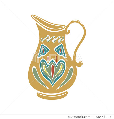 Turkish jug for water with traditional ornament. Hand drawn vector illustration isolated. For cookbooks designs, magazines, oriental coffee houses and dishware, holidays, postcards banners clip arts. Turkish jug for water with traditional ornament. Hand drawn vector illustration isolated. For cookbooks designs, magazines, oriental coffee houses and dishware, holidays, postcards banners clip arts. 138331227