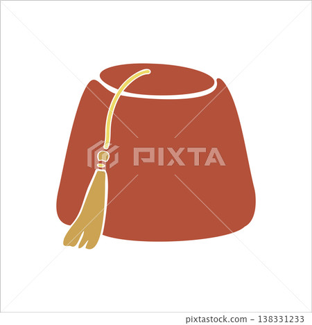 Turkish traditional red fez with golden tassel. Hand drawn vector illustration isolated. For travel designs magazines, oriental coffee houses and dishware, holidays postcards banners clip arts. Turkish traditional red fez with golden tassel. Hand drawn vector illustration isolated. For travel designs magazines, oriental coffee houses and dishware, holidays postcards banners clip arts. 138331233
