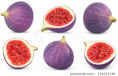 Figs collection. Whole fig fruit, half of fig fruit isolated on white background. 138331246