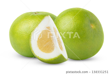 Fresh green citrus sweetie grapefruit and cut in a slice isolated. Pomelo, pomelit, oroblanco fruit and slice of sweetie with clipping path. 138331251