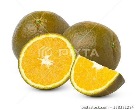 Chocolate navel orange fruits and cut in a half and in a slice of chocolate orange isolated. 138331254