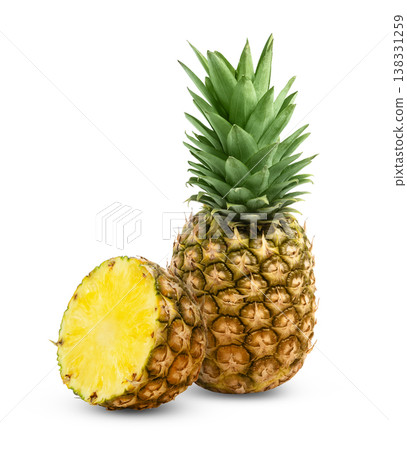 Standing fresh pineapple and half of pineapple isolated on white background. 138331259