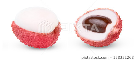 Lychees halves collection, set. Pink juicy lychee cut in a half with seed and peeled half of lychee isolated. Lychees halves collection, set. Pink juicy lychee cut in a half with seed and peeled half of lychee isolated. 138331268
