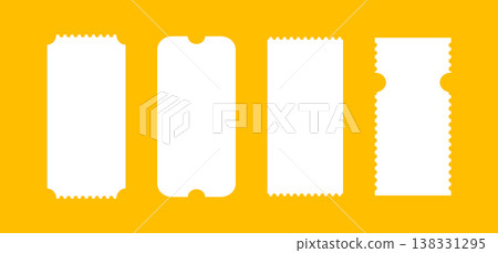 White admit tickets mockups on yellow background. Pattern of ticket for cinema, casino, circus, festival or theater, club. Empty flat template. Boarding blank, lottery, sale coupons. 138331295