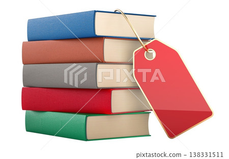 Books with red price tag, concept of book sale, bookstore promotion or discount, concept. 3d rendering Books with red price tag, concept of book sale, bookstore promotion or discount, concept. 3d rendering 138331511