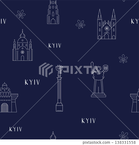Kyiv landmarks seamless pattern in line style on dark blue background Kyiv landmarks seamless pattern in line style on dark blue background 138331558