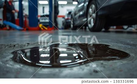 A close-up of a dark oil spill on the floor of an auto repair shop with a car in the background. Concepts of industrial work, maintenance issues, workplace safety, and environmental hazards. A close-up of a dark oil spill on the floor of an auto repair shop with a car in the background. Concepts of industrial work, maintenance issues, workplace safety, and environmental hazards. 138331696