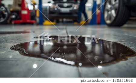 A close-up of a dark oil spill on the floor of an auto repair shop with a car in the background. Concepts of industrial work, maintenance issues, workplace safety, and environmental hazards. A close-up of a dark oil spill on the floor of an auto repair shop with a car in the background. Concepts of industrial work, maintenance issues, workplace safety, and environmental hazards. 138331698