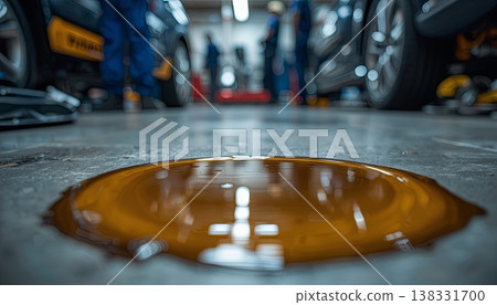 A close-up of a dark oil spill on the floor of an auto repair shop with a car in the background. Concepts of industrial work, maintenance issues, workplace safety, and environmental hazards. A close-up of a dark oil spill on the floor of an auto repair shop with a car in the background. Concepts of industrial work, maintenance issues, workplace safety, and environmental hazards. 138331700