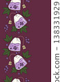 Black Currant Eco Tea Bag Seamless Border. Gourmet Herbal Berry Brew Vertical Background. Botanical Tape for Wellness and Antioxidant Sustainable Product Design with Copy Space. Vector Illustration. 138331929
