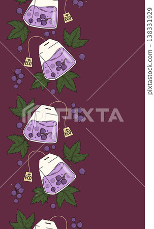 Black Currant Eco Tea Bag Seamless Border. Gourmet Herbal Berry Brew Vertical Background. Botanical Tape for Wellness and Antioxidant Sustainable Product Design with Copy Space. Vector Illustration. Black Currant Eco Tea Bag Seamless Border. Gourmet Herbal Berry Brew Vertical Background. Botanical Tape for Wellness and Antioxidant Sustainable Product Design with Copy Space. Vector Illustration. 138331929