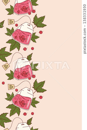 Red Currant Eco Tea Bag Seamless Border. Natural Fruit Fresh Summer Drink, Berries and Leaves on Vertical Light Background. Eco-friendly Fruit Infusion Design with Copy Space. Vector Illustration.. 138331930