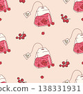Eco Red Currant Tea Bag Seamless Pattern. Soft Pink Minimalist Background with Fresh Berry Infusion. Sweet Fruit Drink Template for Women Wellness and Beauty Product Packaging. Vector Illustration 138331931