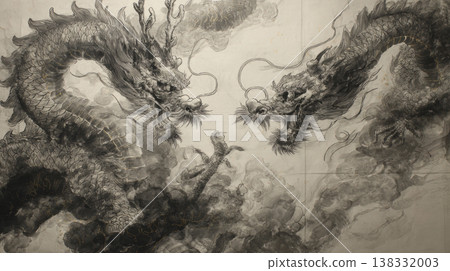 一幅水墨風格的龍,飾以金色琺瑯細節,非常適合用作新年賀卡或龍年日式設計的背景。 一幅水墨風格的龍,飾以金色琺瑯細節,非常適合用作新年賀卡或龍年日式設計的背景。 138332003