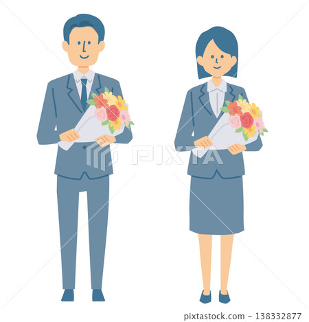 A full-body illustration of a person in a suit holding a bouquet of flowers. A full-body illustration of a person in a suit holding a bouquet of flowers. 138332877