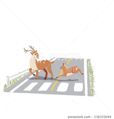 Illustration of a mother deer and her fawn crossing the road. (Animal crossing warning/traffic safety material) 138333044