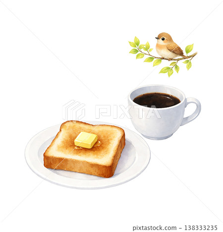吐司、咖啡和一隻小鳥——水彩插畫。自然早餐咖啡館主題。可愛的手繪風格。系列素材。 138333235