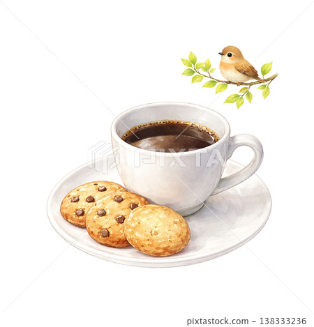 餅乾、咖啡和一隻小鳥——水彩插畫——小吃咖啡館素材——自然可愛的手繪風格——系列素材 138333236