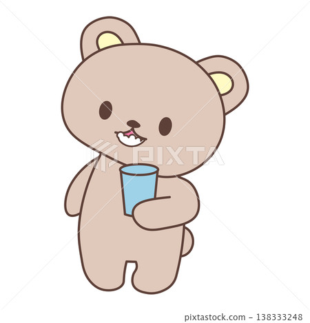 可愛的熊漱口插圖。用杯子漱口。生活習慣。教育素材。透明背景PNG格式。 138333248