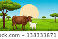 Pixelated Cow And Goat Under A Bright Sun In A Green Field With Trees On A Sunny Day 138333871