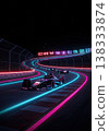 Race Cars Compete on a Neon Lit Track at Night with Pink and Blue Glowing Lights Under Starry Sky 138333874