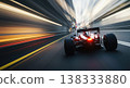 Red Race Car Speeding Through a Blurred Cityscape at Night Showcasing Motion and Energy 138333880