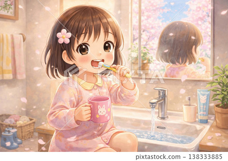 一幅女孩在浴室刷牙的插圖（兒童，日常習慣，可愛，日本） 138333885